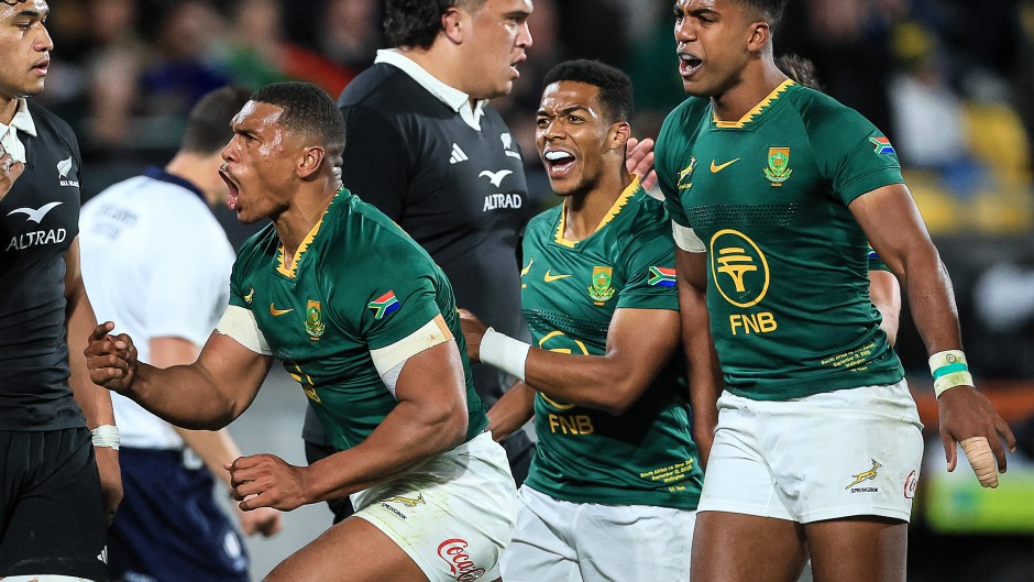 Damian Willemse celebrates his try during the Rugby Championship Test match between New Zealand and South Africa. AFP/Grant Down