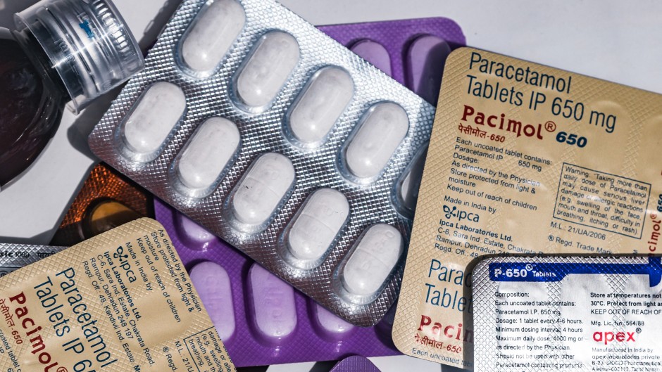 File: Various packages of paracetamol are displayed on a pharmacy table. Soumyabrata Roy/NurPhoto via AFP