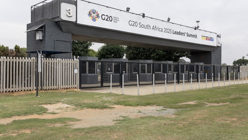 A general view of the G20 logo at a entrance of the NASREC Expo Centre in Johannesburg