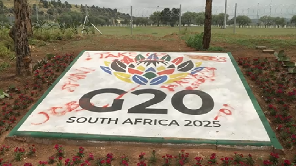 everal G20 signs were spray-painted, with graffiti opposing what the Summit stands for.
