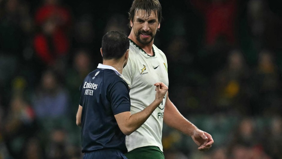 South Africa's Eben Etzebeth leaves the field having received a red card by French referee Luc Ramos. AFP/Paul Ellis