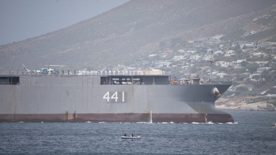 A general view of the Iranian navy ship, the IRIS Makran 441, in False Bay near Simon's Town, Cape Town, on January 8, 2026.