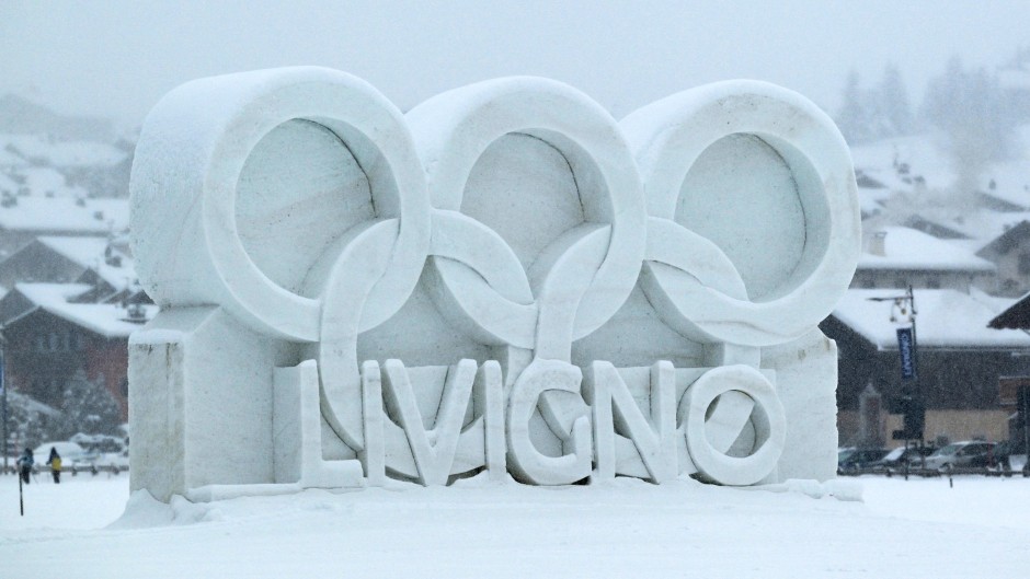Olympic Rings made of snow in Livigno, Italy. Keita Iijima/The Yomiuri Shimbun via AFP