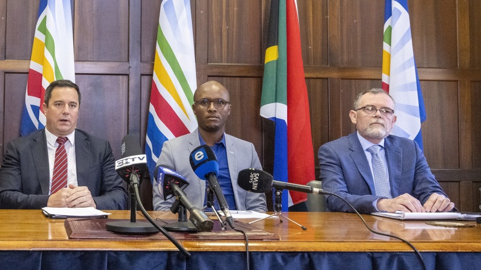 File: DA Federal Leader John Steenhuisen, Solly Malatsi and Dion George.  Gallo Images/Die Burger/Jaco Marais
