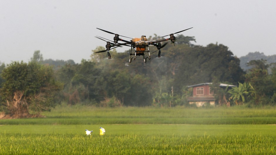 A drone sprays fertiliser over a rice field. Chaiwat Subprasom/NurPhoto via AFP