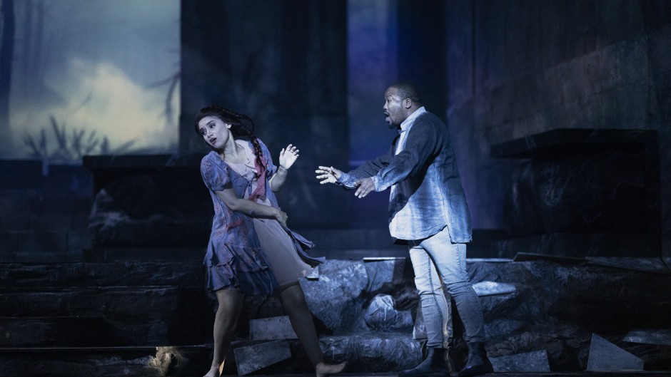 soprano and Cape Town Opera House Soloist Brittany Smith (L) performs as Lucia as South African tenor Lukhanyo Moyake performs as Edgardo (R) during the dress rehearsal for Donizetti’s Lucia di Lammermoor at the Joburg Theatre. AFP/Marco Longari