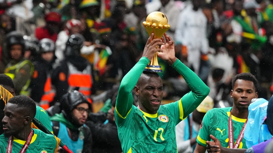 Nicolas Jackson of Senegal celebrates after the AFCON final between Morocco and Senegal. Ulrik Pedersen/NurPhoto via AFP