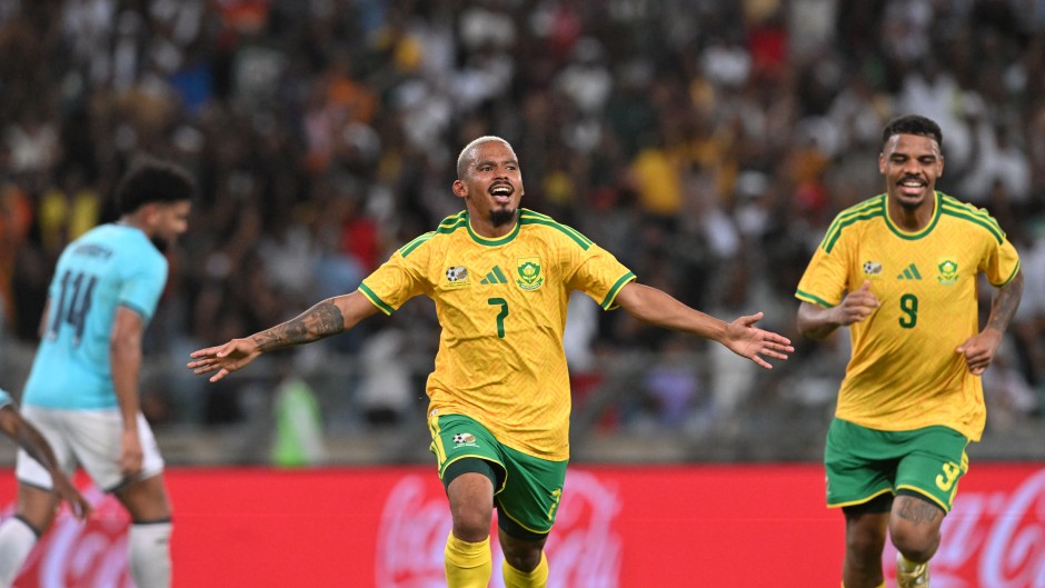 Oswin Appollis celebrates a goal for Bafana Bafana against Panama.