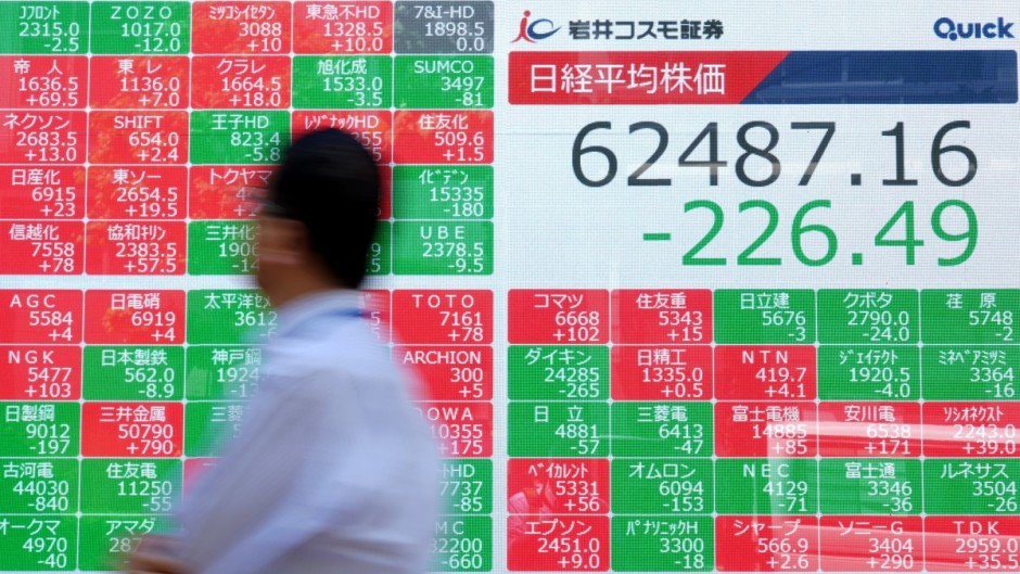 A man walks past an electronic quotation board displaying the Nikkei 225 stock prices on the Tokyo Stock Exchange. AFP/Kazuhiro Nogi