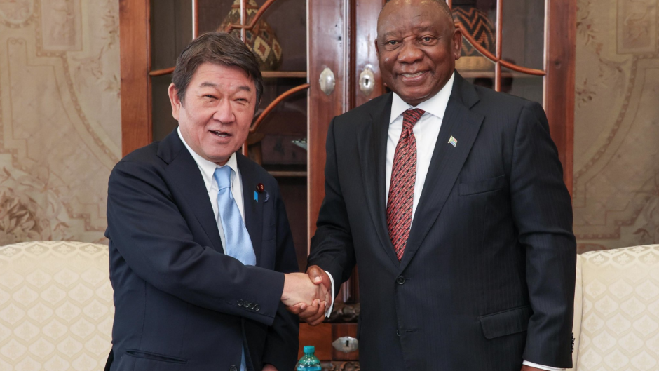 President Cyril Ramaphosa receives a courtesy call from the Minister of Foreign Affairs of Japan, His Excellency Toshimitsu Motegi, at Mahlamba Ndlopfu in Pretoria, Gauteng.