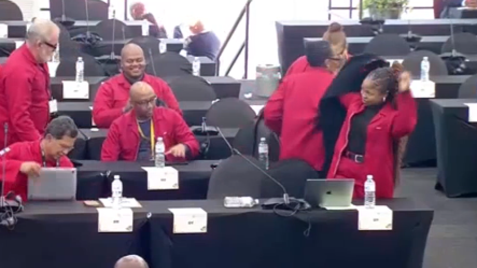 members of the uMkhonto weSizwe (MK) Party and the Economic Freedom Fighters (EFF) protesting out of the house.