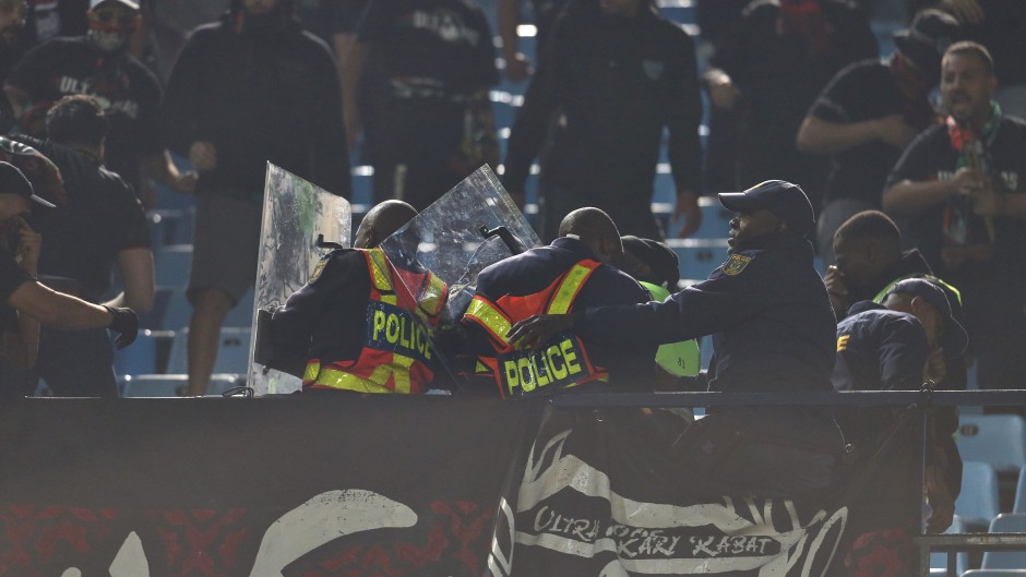  General View of fan being taken by Paramedics after falling during the TotalEnergies CAF Champions League, final 1st leg match between Mamelodi Sundowns and FAR Rabat at Loftus Versfeld Stadium on May 17, 2026 in Pretoria, South Africa. (Photo by Daniel Hlongwane/Gallo Images)