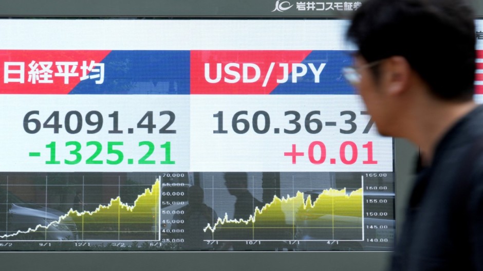 A man looks at electronic bulletin boards displaying the Nikkei 225 average on the Tokyo Stock Exchange. AFP/Kazuhiro Nogi
