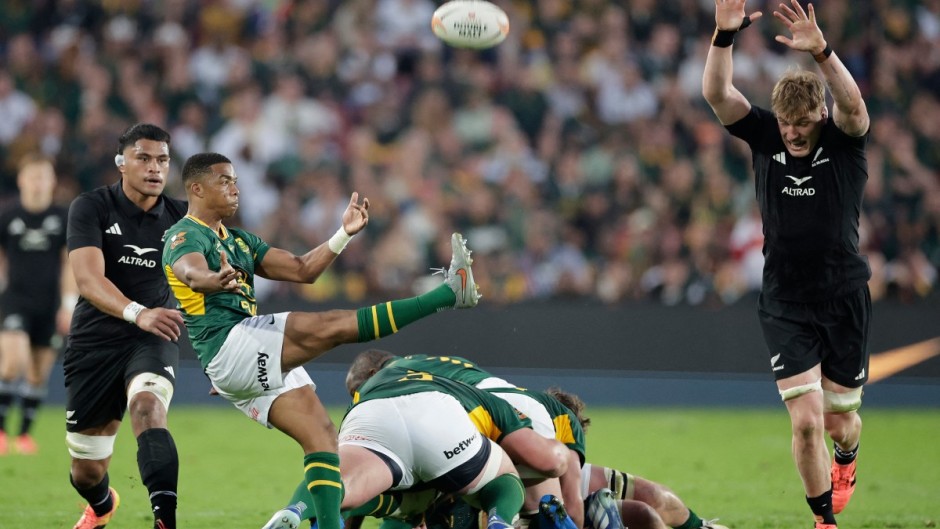 Grant Williams kicks the ball during the Rugby's Greatest Rivalry international rugby union match between South Africa and New Zealand at Ellis Park Stadium. AFP/Phill Magakoe