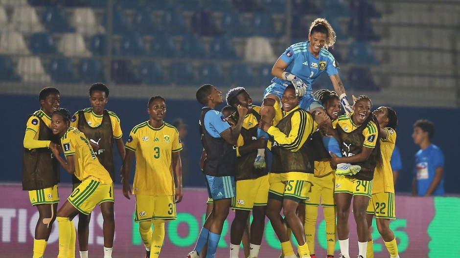  South Africa celebrating after their victory during the Women's Africa Cup of Nations, FIFA World Cup Play-Off match between South Africa and Nigeria. Zamani Makautsi/Gallo Images