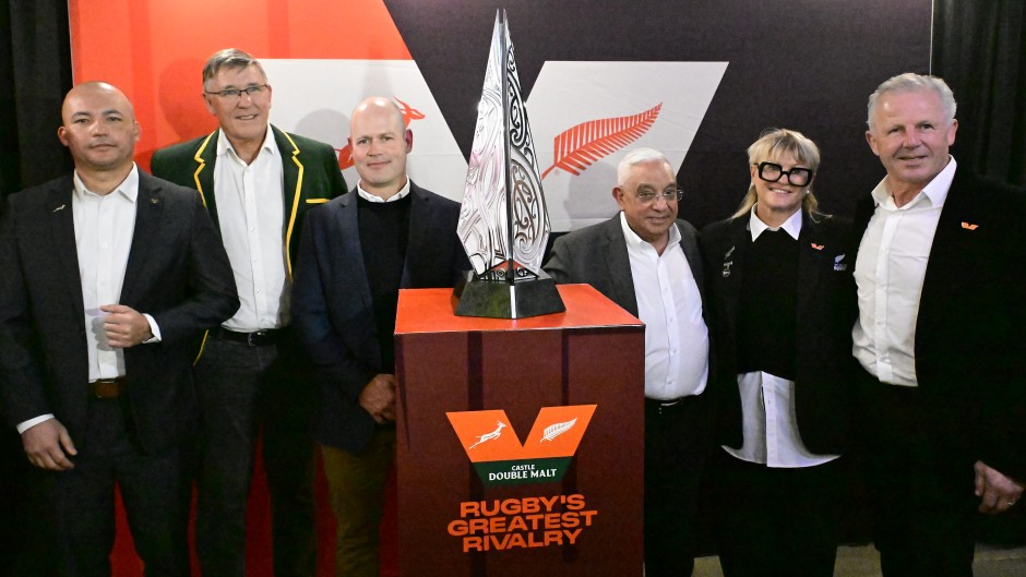Dignitaries with the trophy during the Castle Double Malt Greatest Rivalry Tour trophy launch at AB InBev Africa Headquarters on August 19, 2026 in Johannesburg. Sydney Seshibedi/Gallo Images