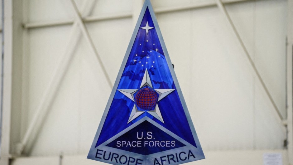The logo of the United States Space Forces, taken at the ceremony to mark the activation of the US Space Forces Command for Europe and Africa at Ramstein Air Base. Andreas Arnold/dpa Picture-Alliance via AFP