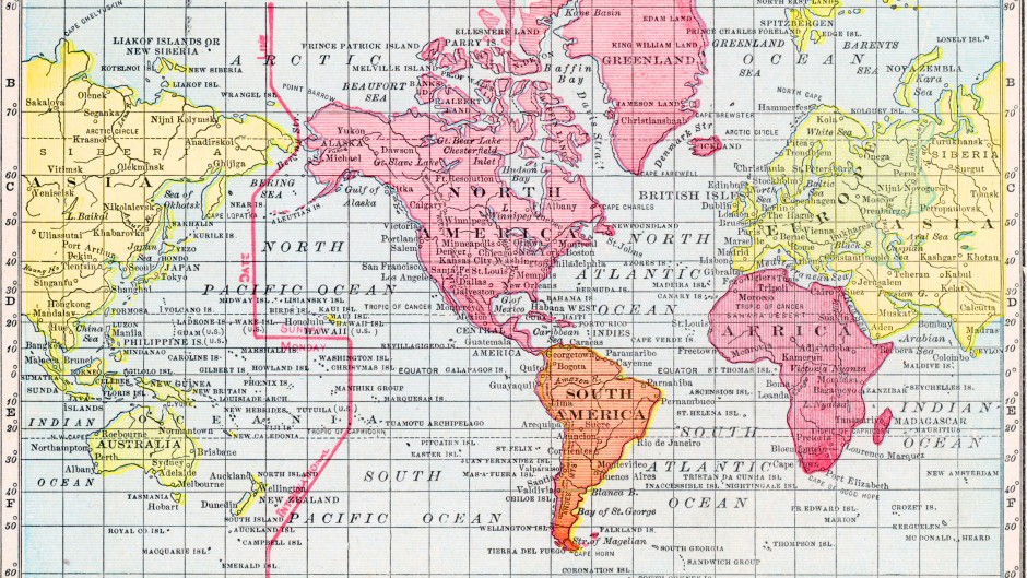 A color map of the world on Mercator's projection and showing the international date line, 1922. (Photo by Interim Archives/Getty Images)