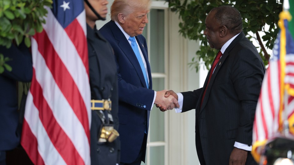  President Trump Meets With South African President Cyril Ramaphosa At The White House WASHINGTON, DC - MAY 21: U.S. President Donald Trump (L) greets President of South Africa Cyril Ramaphosa as he arrives to the White House on May 21, 2025 in Washington, DC. Relations between the two countries have been strained since Trump signed an executive order in February that claimed white South Africans are the victims of government land confiscation and race-based “genocide” while admitting some of those Afrikane