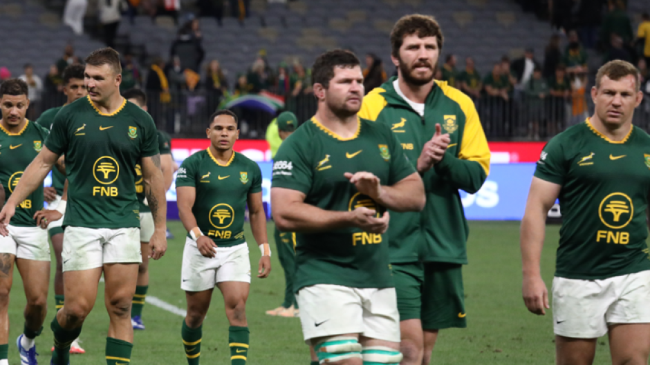 PERTH, AUSTRALIA - SEPTEMBER 27: South African players react after being defeated in the International match between Australia and South Africa at Optus Stadium on September 27, 2026 in Perth, Australia. (Photo by Antony Dickson/Gallo Images)