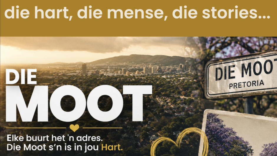 Die Moot in hoofletters teen die agtergrond van die skyline van die woonbuurt