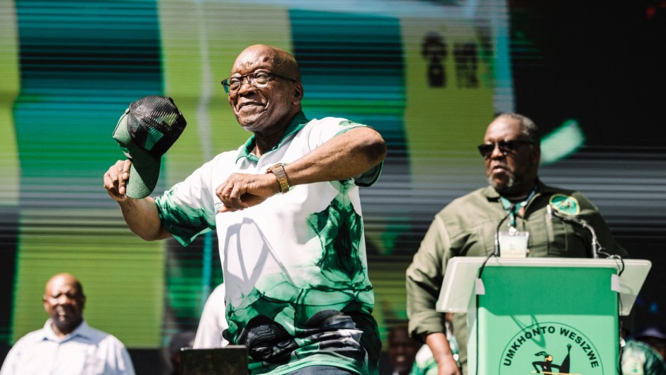 Leader of the Umkhonto We Sizwe (MKP) party and former South African president Jacob Zuma addresses supporters during the party's first anniversary celebrations at the Moses Mabhida Stadium in Durban on December 15, 2024. AFP/Rajesh Jantilal