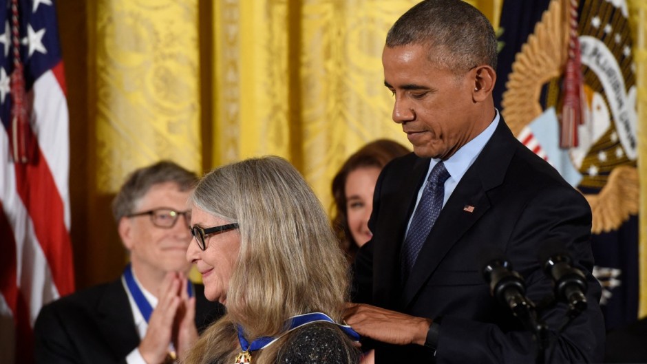 File: Former US President Barack Obama presents mathematician and computer scientist Margaret Hamilton with the Presidential Medal of Freedom. AFP/Saul Loeb