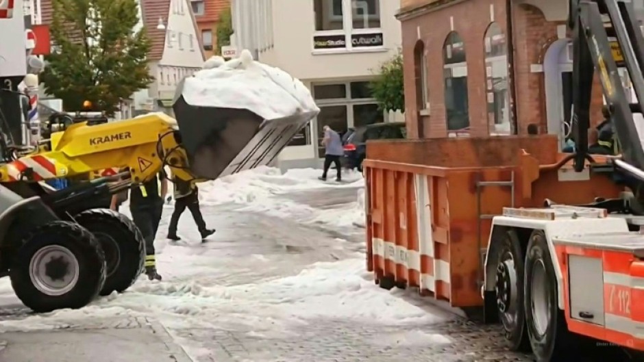 Snow-clearing services deployed in German city of Reutlingen after summer hail