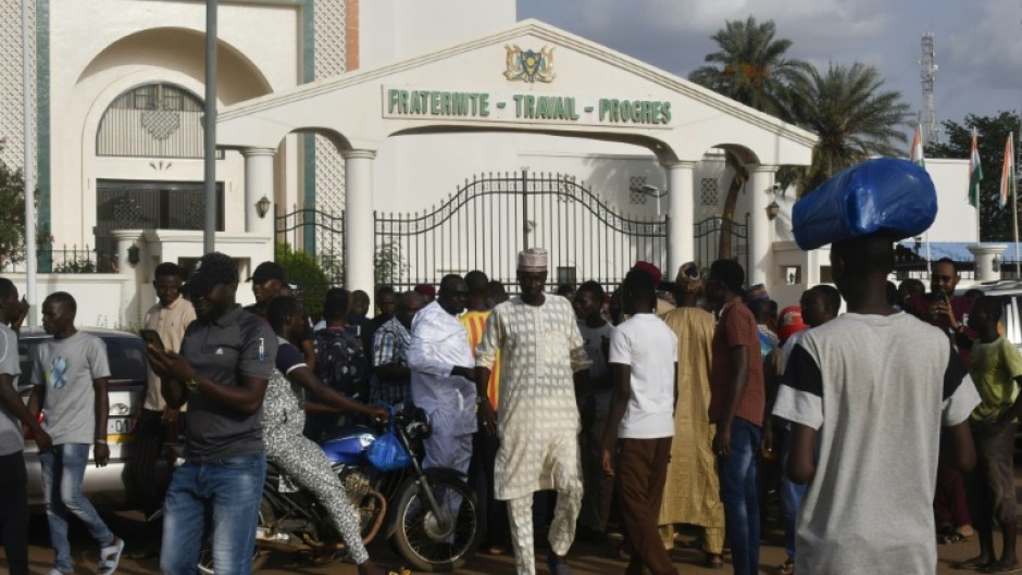 A rally by supporters of Niger's President Mohamed Bazoum in Niamey on July 26, the day of his ouster. An online video of the scene was later used to claim a similar rally on August 6