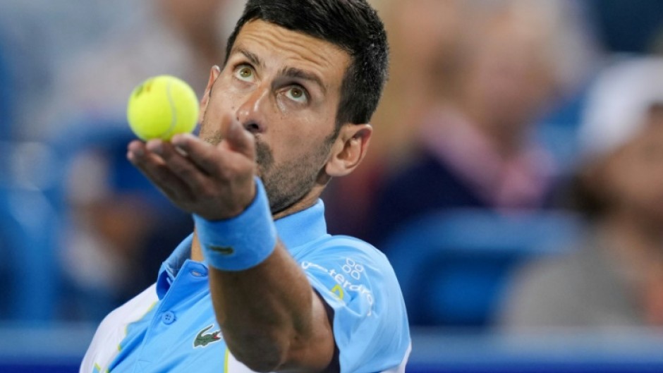 Novak Djokovic of Serbia serves in his quarter-final victory over Taylor Fritz at the ATP/WTA Cincinnati Open