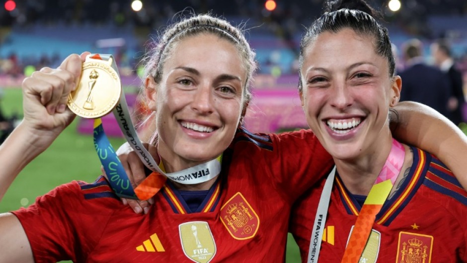 Jennifer Hermoso (right) Alexia Putellas celebrate Spain's World Cup triumph in Sydney
