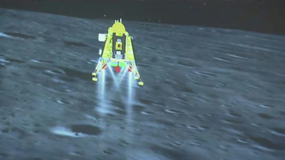 The live feed of Indian Space Research Organisation (ISRO) shows the Chandrayaan-3 spacecraft seconds before its successful lunar landing on the south pole of the Moon
