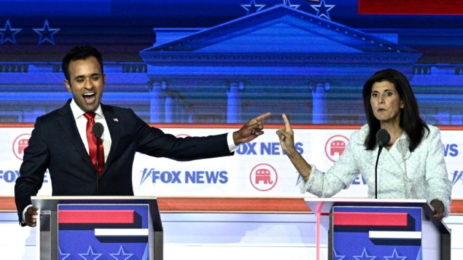 Republican White House hopefuls Vivek Ramaswamy and Nikki Haley in the first GOP televised debate in August 2023
