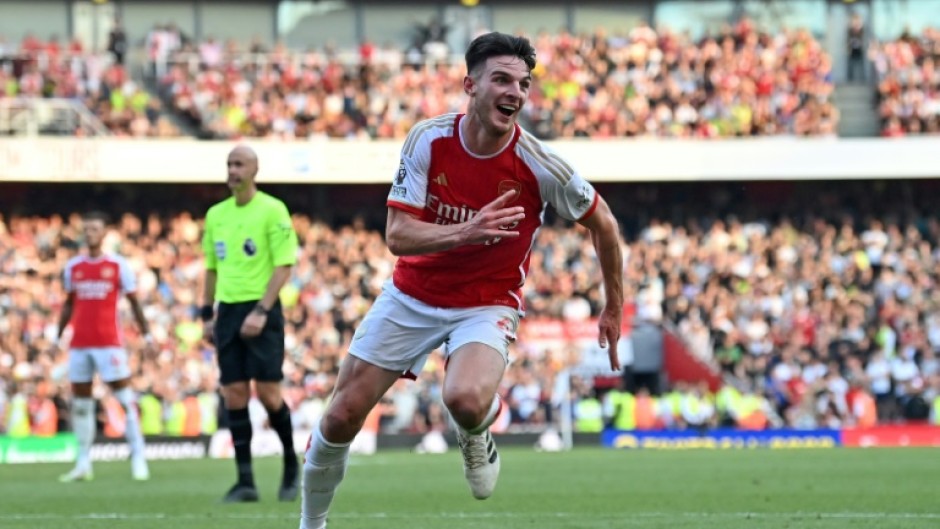 Declan Rice celebrates after scoring Arsenal's second goal against Manchester United