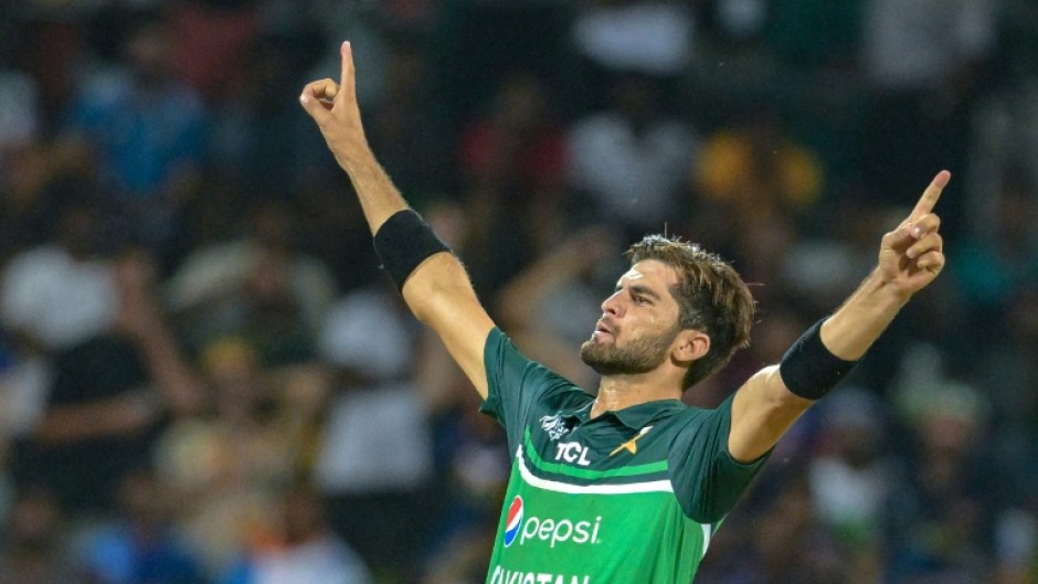 Pakistan's Shaheen Shah Afridi celebrates taking the wicket of India's Hardik Pandya during the rain-affected match in Kandy