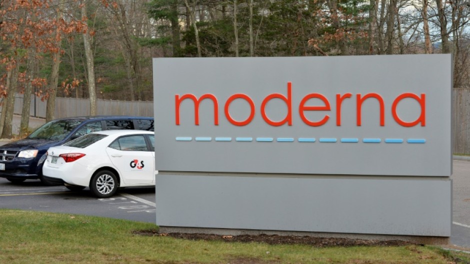 The Moderna logo is seen at the Moderna campus in Norwood, Massachusetts