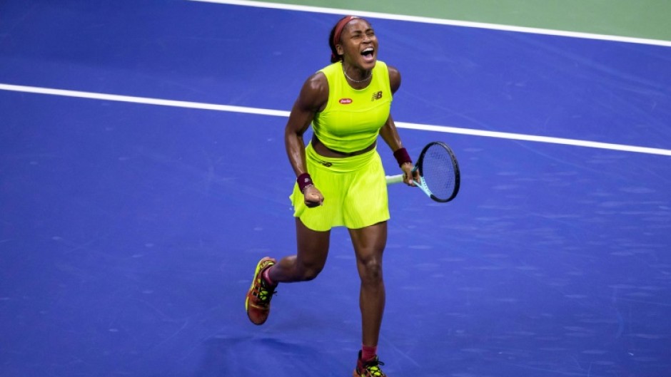 Coco Gauff celebrates after reaching the US Open final with victory over Karolina Muchova