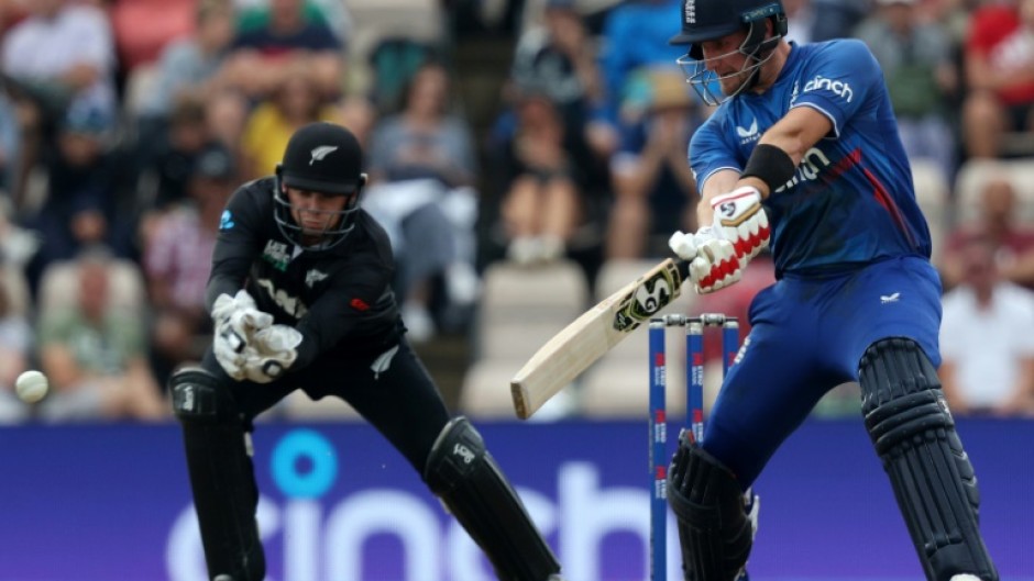 Cut above: England's Liam Livingstone hits out during the 2nd ODI in Southampton as New Zealand captain and wicketkeeper Tom Latham looks on