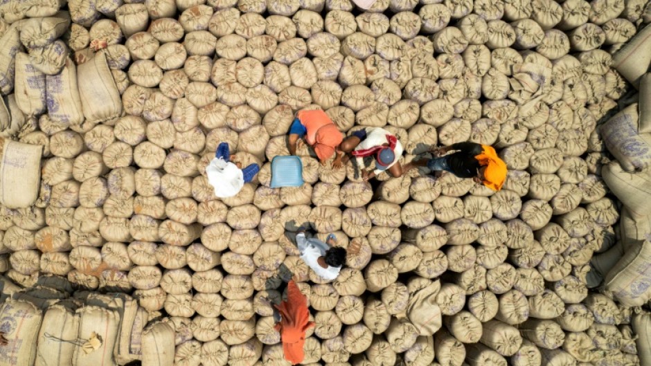 Labourers seal gunny sacks of millet, the gluten-free grain which India has been championing and served at a G20 dinner, on the outskirts of Bengaluru earlier this year