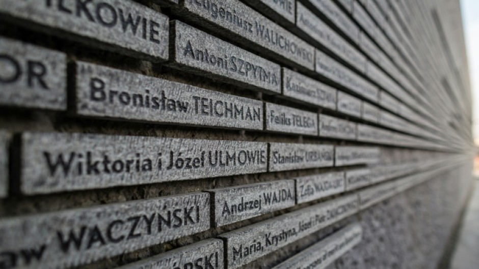 The names of Wiktoria and Jozef Ulma are seen on a wall commemorating Poles who sheltered Jews during the Nazi occupation 