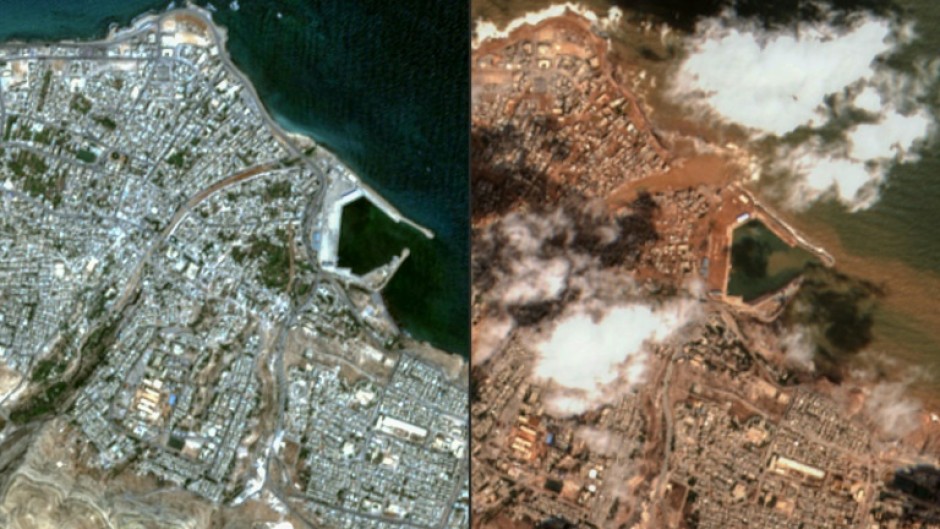 Libya's eastern city of Derna seen, on the left, before the flash flood and, on the right, in the aftermath of the disaster, in satellite images released by Maxar Technology