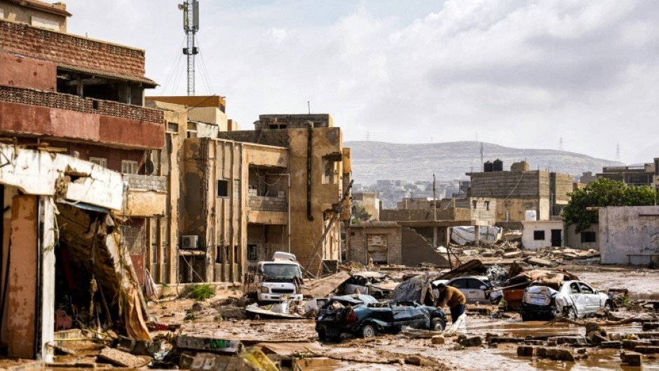 Destroyed buildings and vehicles in the eastern Libyan city of Derna in the wake of the Mediterranean storm "Daniel", in a picture provided by the office of Libya's Benghazi-based interim prime minister 