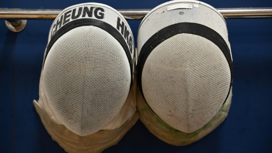 Masks used by members of the Hong Kong fencing team are seen during a media event in the city