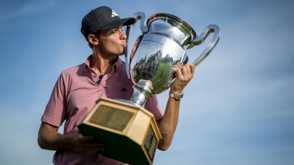 Sweden's Ludvig Aberg celebrates his victory at the European Masters