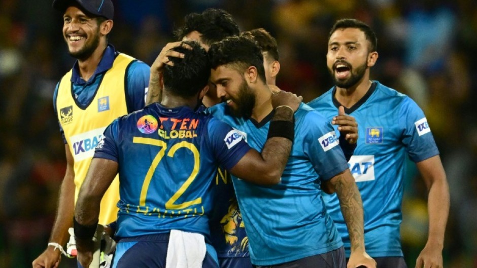 Sri Lanka's Charith Asalanka (2nd L) Kusal Mendis (2nd R) celebrate sri Lanka's two wicket win 