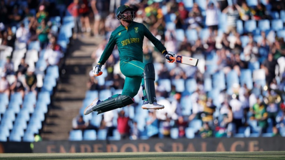 Heinrich Klaasen celebrates after reaching his rapid century during the fourth ODI for South Africa against Australia in Centurion