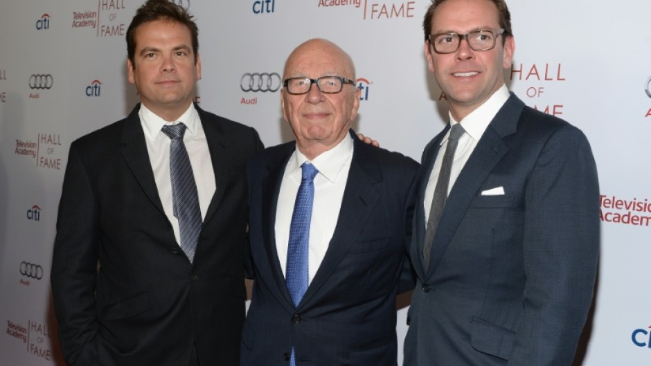 Lachlan Murdoch, Rupert Murdoch and James Murdoch shown at a 2014 event in Beverly Hills, California