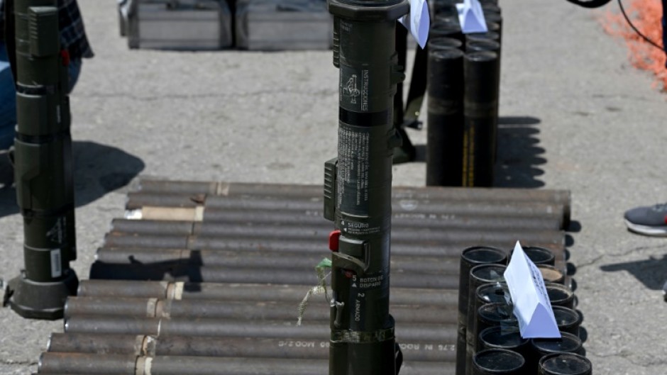 An AT4 anti-tank rocket launcher is displayed by authorities