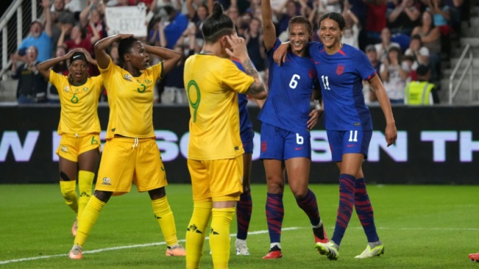 Lynn Williams (6) celebrates scoring in the USA's 3-0 win over South Africa