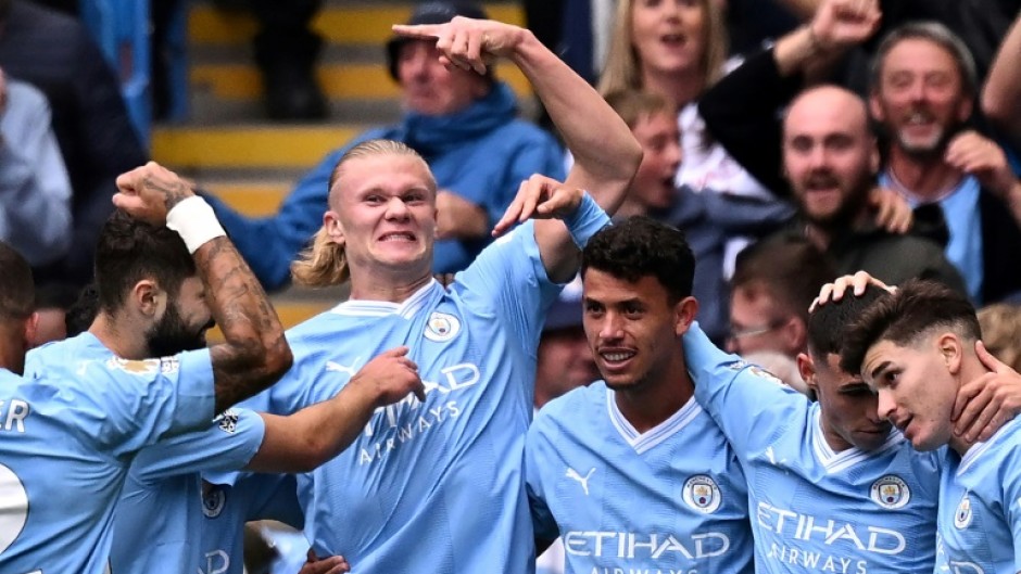 Erling Haaland (centre left) scored as Manchester City beat Nottingham Forest